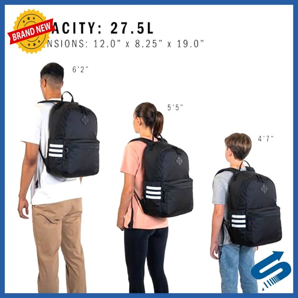 Classic 3-Stripe Backpack with Laptop Sleeve, Unisex Durable Gym Bag - Picture 6 of 6